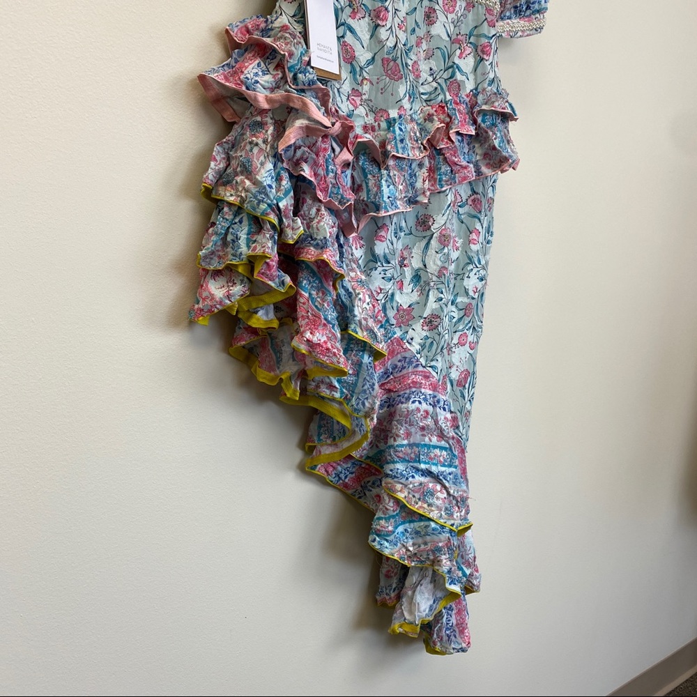 Hemant and Nandita Floral Ruffled Asymmetric Midi Dress in White, Pink, Blue - Picture 14 of 14